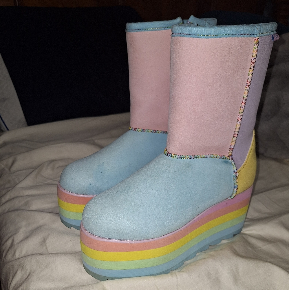 YRU platform rainbow boots.